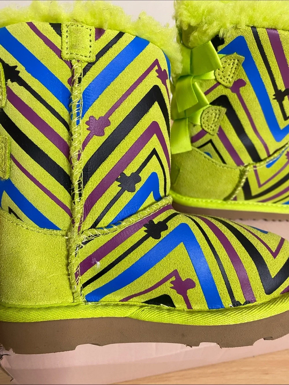 UGG Neon Lime Multi‑Pattern Kids Shearling Boots